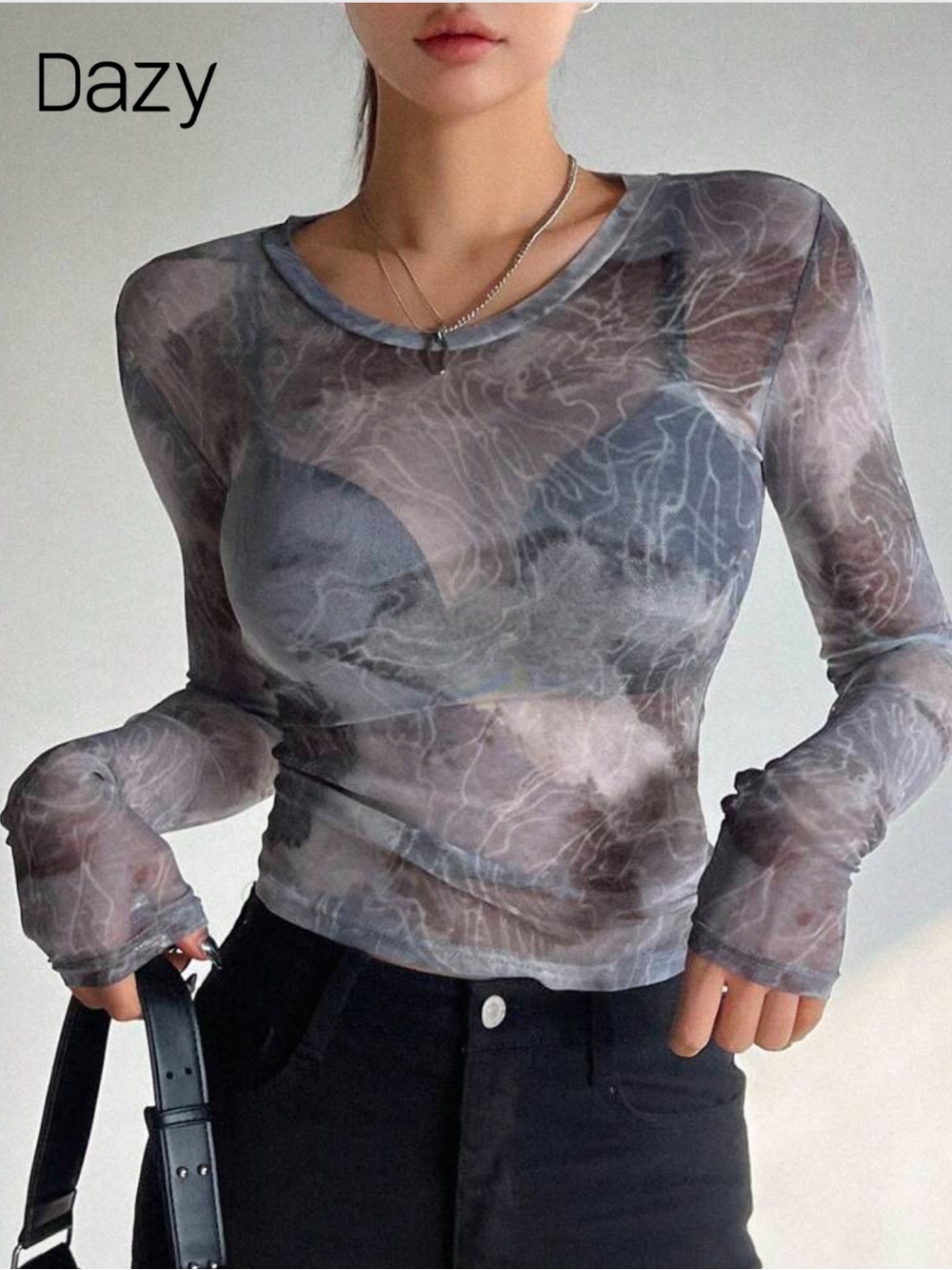 Sheer Marble-Print Long Sleeve Top - Grey